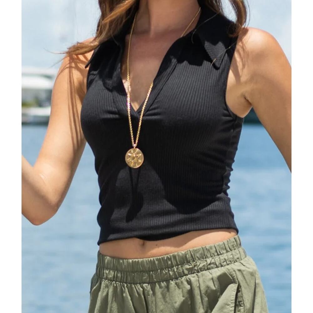 Sleeveless Ribbed Collared Tank Top - Black